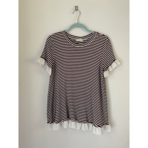 Altar’d State Burgundy Cream Striped Babydoll Top Ruffle Trim- Women’s Size M - Picture 1 of 7